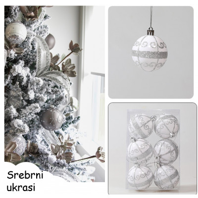 Silver Glow - Set od 6 srebrnih ukrasnih kugli za jelku sa svetlucavim šarama