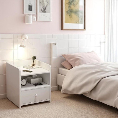 WOODLY WHITE - noćni stočić sa fiokom i otvorenim policama