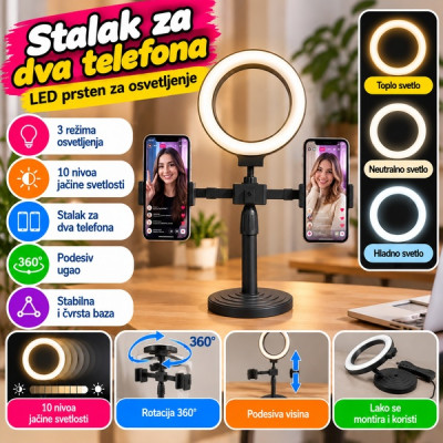 Stalak za dva telefona + LED prsten za osvetljenje