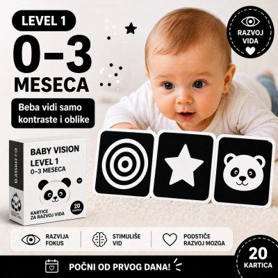Baby Vision level 1 - crno-bele edukativne kartice za bebe (0-3 meseca)
