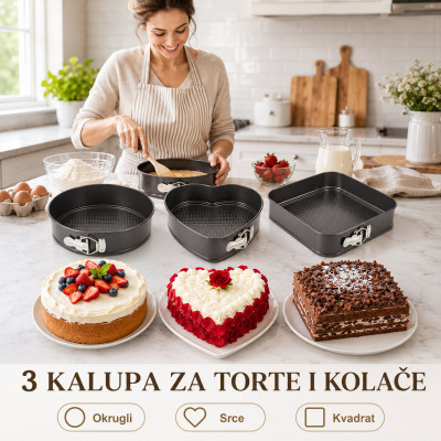 Set od 3 springform kalupa za torte i kolače – okrugli, kvadratni i srce