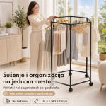 Pokretni stalak za odeću i sušenje – Crni heksagon organizer na točkićima