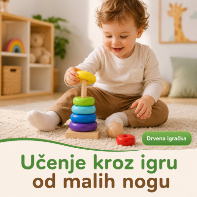 Dindolino drvena edukativna kula sa prstenovima za bebe i decu