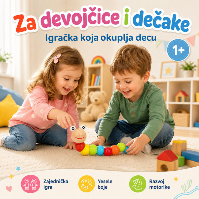 Drvena gusenica za decu – edukativna igračka za boje, motoriku i slaganje