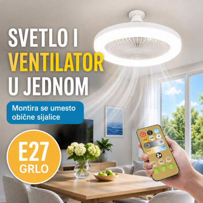 Plafonski LED ventilator 2 u 1 sa klasičnim E27 grlom i daljinskim upravljačem – 40 W