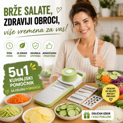 5u1 secko i rende za povrće – mandolina sa zamenljivim noževima i zaštitom za ruke