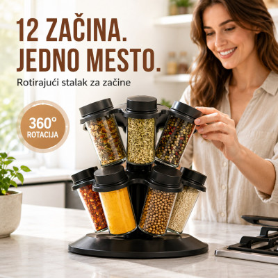 Rotirajući stalak za začine sa 12 staklenih bočica – 360°