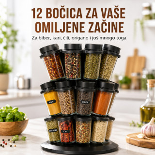 Rotirajući stalak za začine sa 12 staklenih bočica – 360°