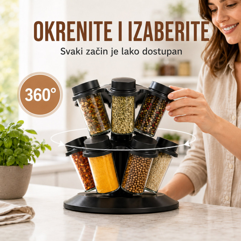 Rotirajući stalak za začine sa 12 staklenih bočica – 360°