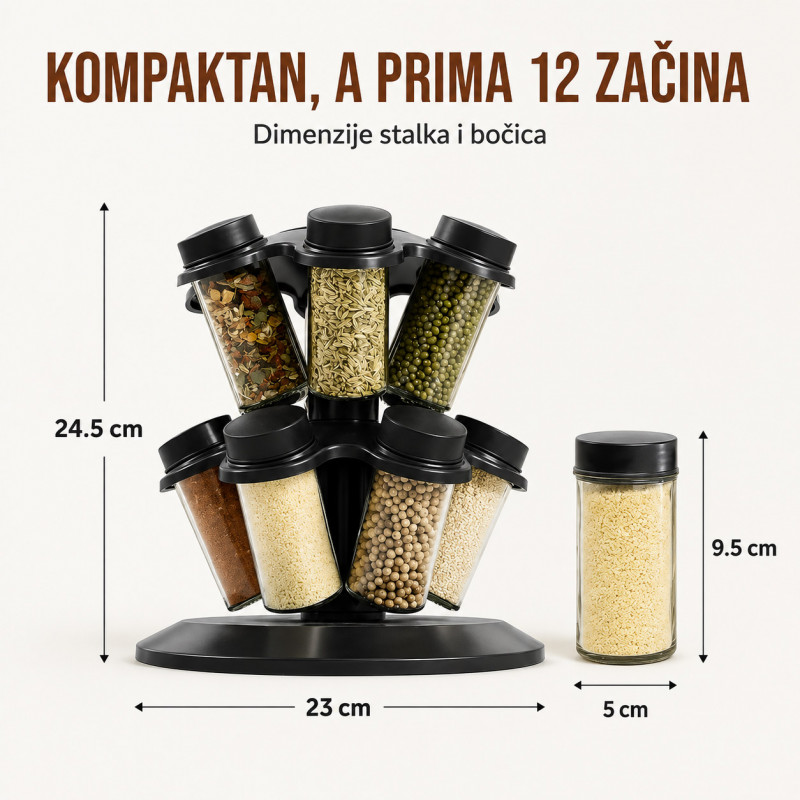 Rotirajući stalak za začine sa 12 staklenih bočica – 360°