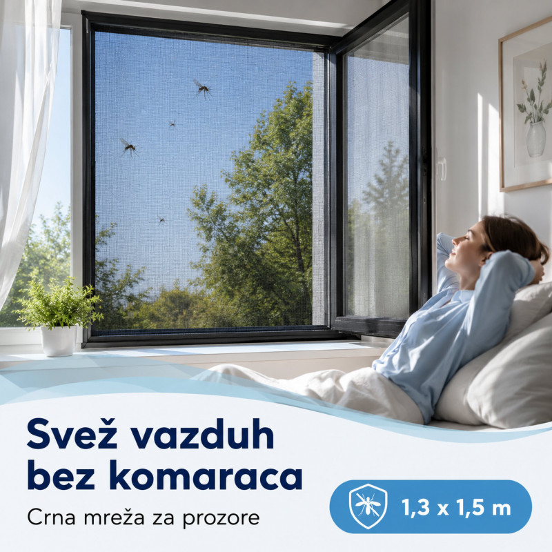 Crna mreža za prozor protiv komaraca 1,3 x 1,5 m