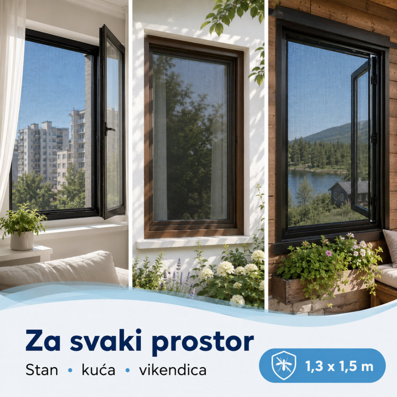 Crna mreža za prozor protiv komaraca 1,3 x 1,5 m