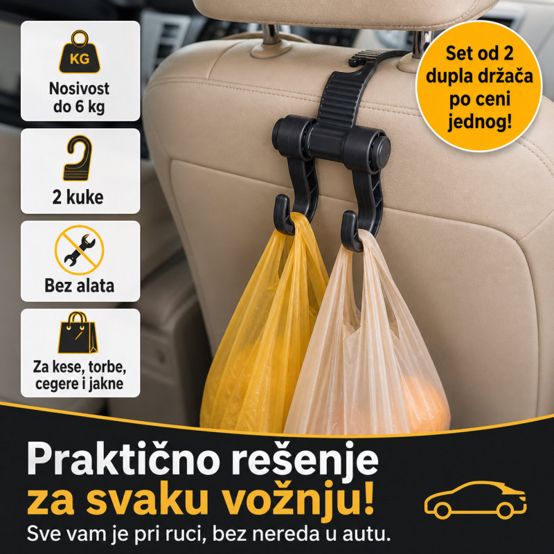 2 x Auto kuka za torbe i kese – dvostruki držač za sedište - Set od 2 komada