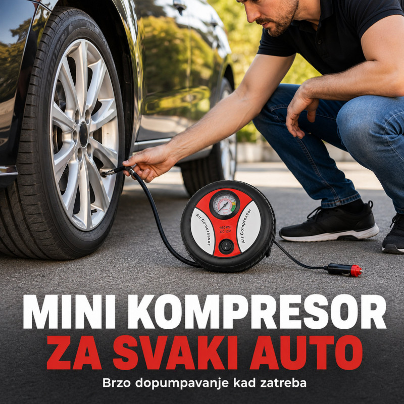 Auto kompresor za gume 12V u obliku točka – prenosiva pumpa za automobil, bicikl i lopte