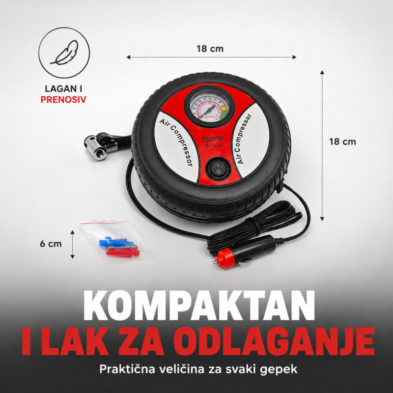 Auto kompresor za gume 12V u obliku točka – prenosiva pumpa za automobil, bicikl i lopte