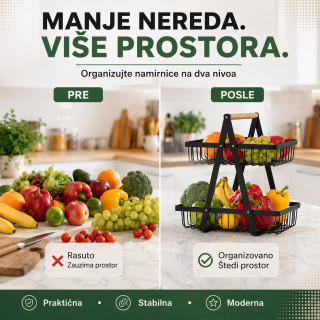 Metalna korpa za voće i povrće na 2 nivoa sa drvenom ručkom