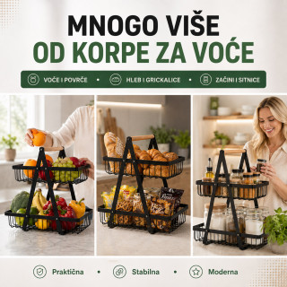 Metalna korpa za voće i povrće na 2 nivoa sa drvenom ručkom