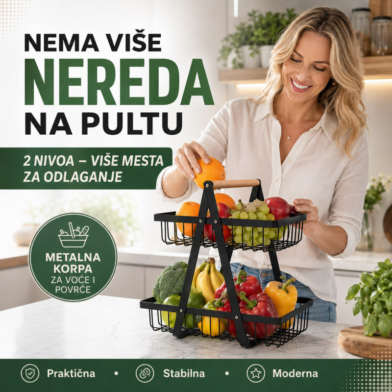 Metalna korpa za voće i povrće na 2 nivoa sa drvenom ručkom