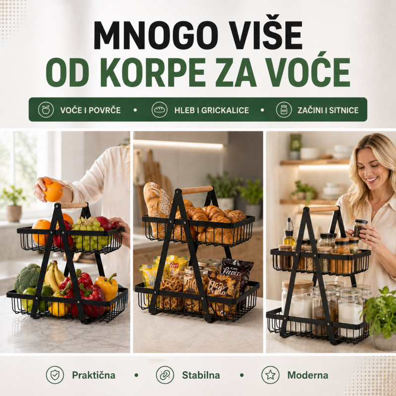Metalna korpa za voće i povrće na 2 nivoa sa drvenom ručkom