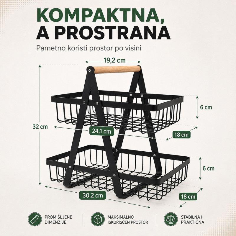 Metalna korpa za voće i povrće na 2 nivoa sa drvenom ručkom