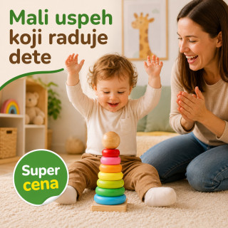 Dindolino drvena edukativna kula sa prstenovima za bebe i decu