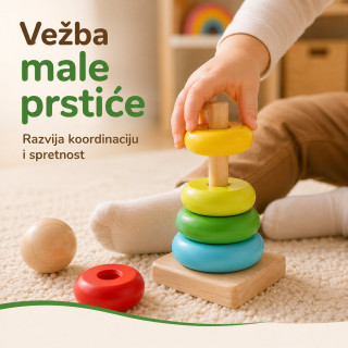 Dindolino drvena edukativna kula sa prstenovima za bebe i decu