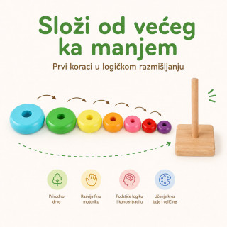 Dindolino drvena edukativna kula sa prstenovima za bebe i decu