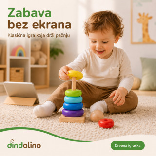 Dindolino drvena edukativna kula sa prstenovima za bebe i decu