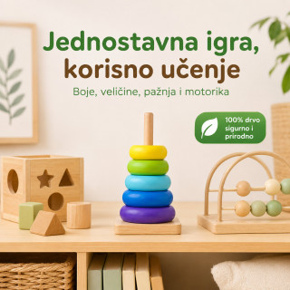 Dindolino drvena edukativna kula sa prstenovima za bebe i decu