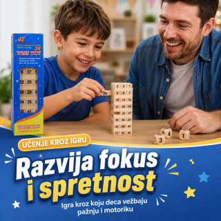 Drveni toranj Jenga igra sa brojevima i kockicama – porodična društvena igra