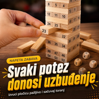 Drveni toranj Jenga igra sa brojevima i kockicama – porodična društvena igra