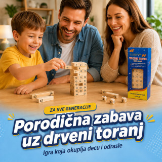 Drveni toranj Jenga igra sa brojevima i kockicama – porodična društvena igra
