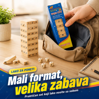 Drveni toranj Jenga igra sa brojevima i kockicama – porodična društvena igra