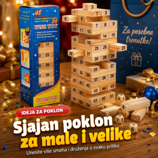 Drveni toranj Jenga igra sa brojevima i kockicama – porodična društvena igra