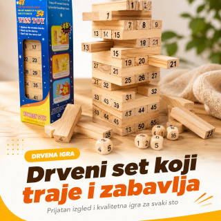 Drveni toranj Jenga igra sa brojevima i kockicama – porodična društvena igra