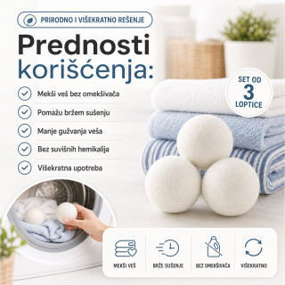 Set od 3 Vunene loptice za sušenje veša – mekši veš bez omekšivača
