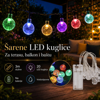 Šarene LED kuglice 3m na baterije – dekorativne lampice za terasu, balkon i baštu