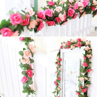 Pink-White Rose Vine - venac veštačkih ruža u roze i pink nijansama sa zelenilom