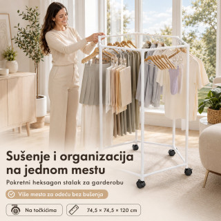 Pokretni stalak za odeću i sušenje – Beli heksagon organizer na točkićima