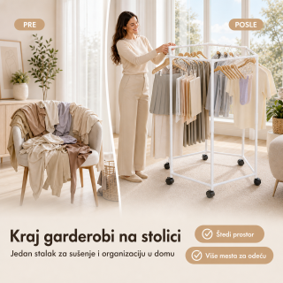 Pokretni stalak za odeću i sušenje – Beli heksagon organizer na točkićima