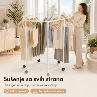 Pokretni stalak za odeću i sušenje – Beli heksagon organizer na točkićima