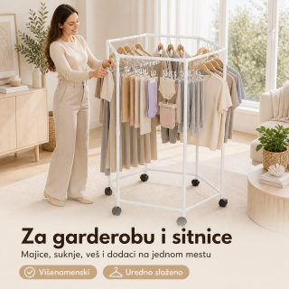 Pokretni stalak za odeću i sušenje – Beli heksagon organizer na točkićima