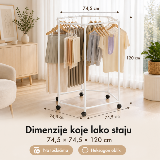 Pokretni stalak za odeću i sušenje – Beli heksagon organizer na točkićima