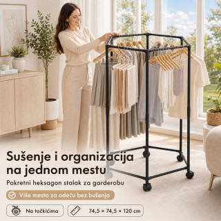 Pokretni stalak za odeću i sušenje – Crni heksagon organizer na točkićima