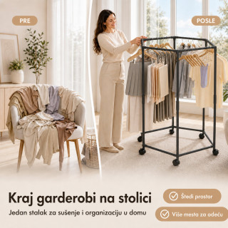 Pokretni stalak za odeću i sušenje – Crni heksagon organizer na točkićima