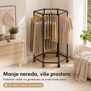 Pokretni stalak za odeću i sušenje – Crni heksagon organizer na točkićima