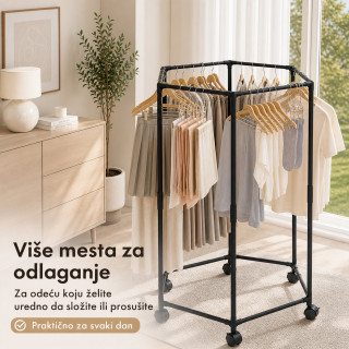 Pokretni stalak za odeću i sušenje – Crni heksagon organizer na točkićima