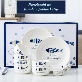 Happy Sea Life - porcelanski set tanjira i činija sa kašikama u poklon pakovanju