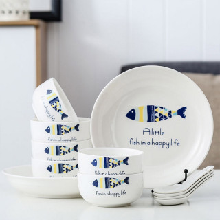 Happy Sea Life - porcelanski set tanjira i činija sa kašikama u poklon pakovanju