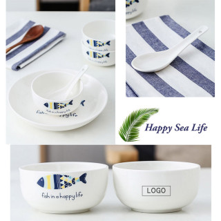 Happy Sea Life - porcelanski set tanjira i činija sa kašikama u poklon pakovanju